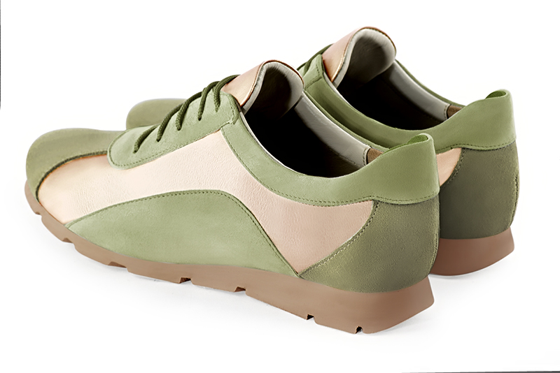 Khaki green and gold women's three-tone elegant sneakers. Round toe. Flat rubber soles. Rear view - Florence KOOIJMAN